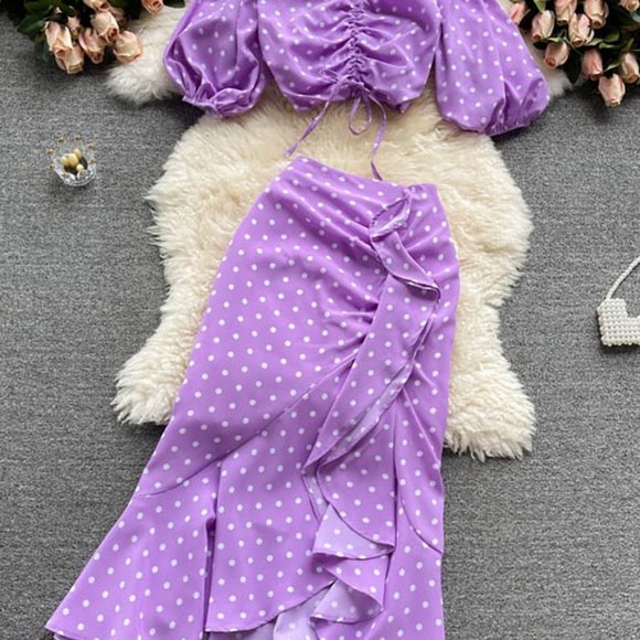 Women Polka Dot Two-Piece Tops and Skirt - Picture 4 of 10